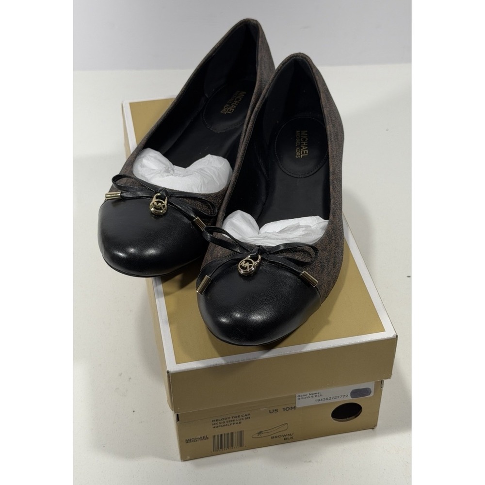 Michael Kors Size 10M Melody Toe Cap Bow Ballet Flat Shoes MK Logo Brown / Black